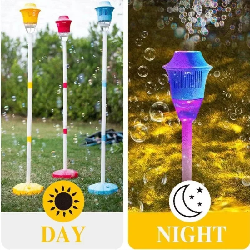 A daytime and nighttime view of an automatic sunflower bubble machine used for making bubbles outdoors.