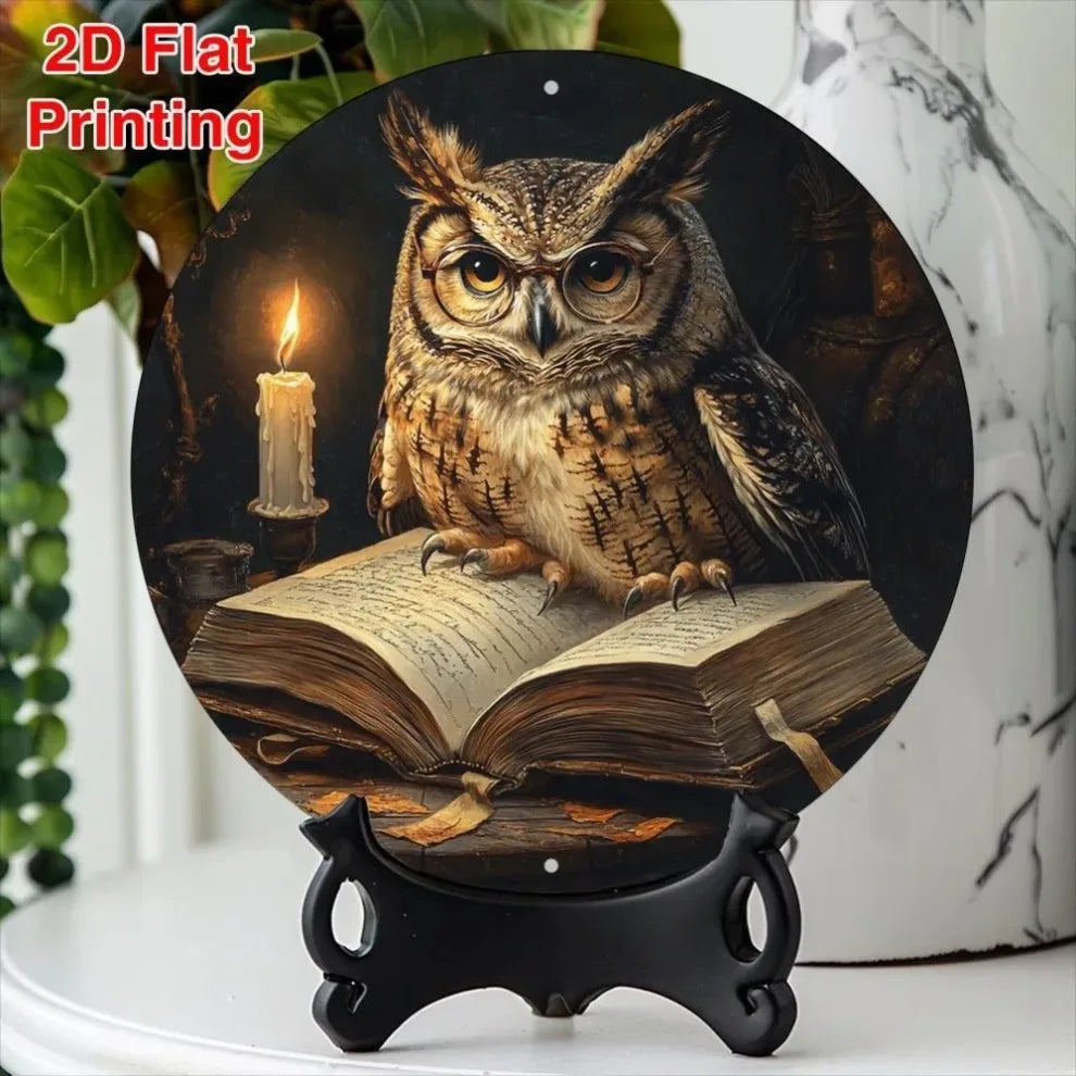 Rustic aluminum owl and open book round wall sign featuring a detailed owl perched on an old book.