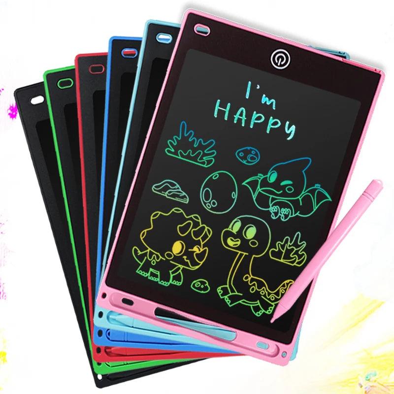 A pink 8.5-inch LCD writing tablet for kids with a stylus pen, shown in a stack of various colors.