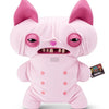 A pink plush monster toy with large ears and a funny grin is shown from the front.