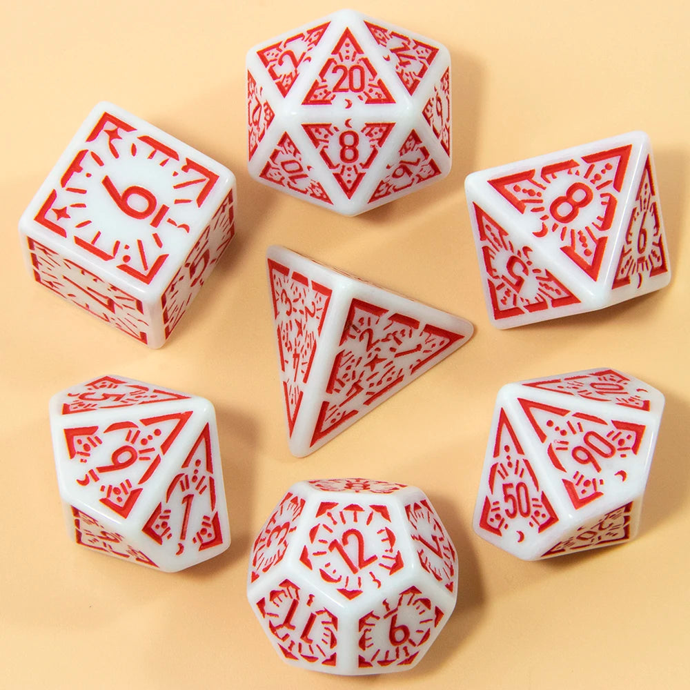 A collection of seven white and red carved polyhedral dice set for tabletop role-playing games