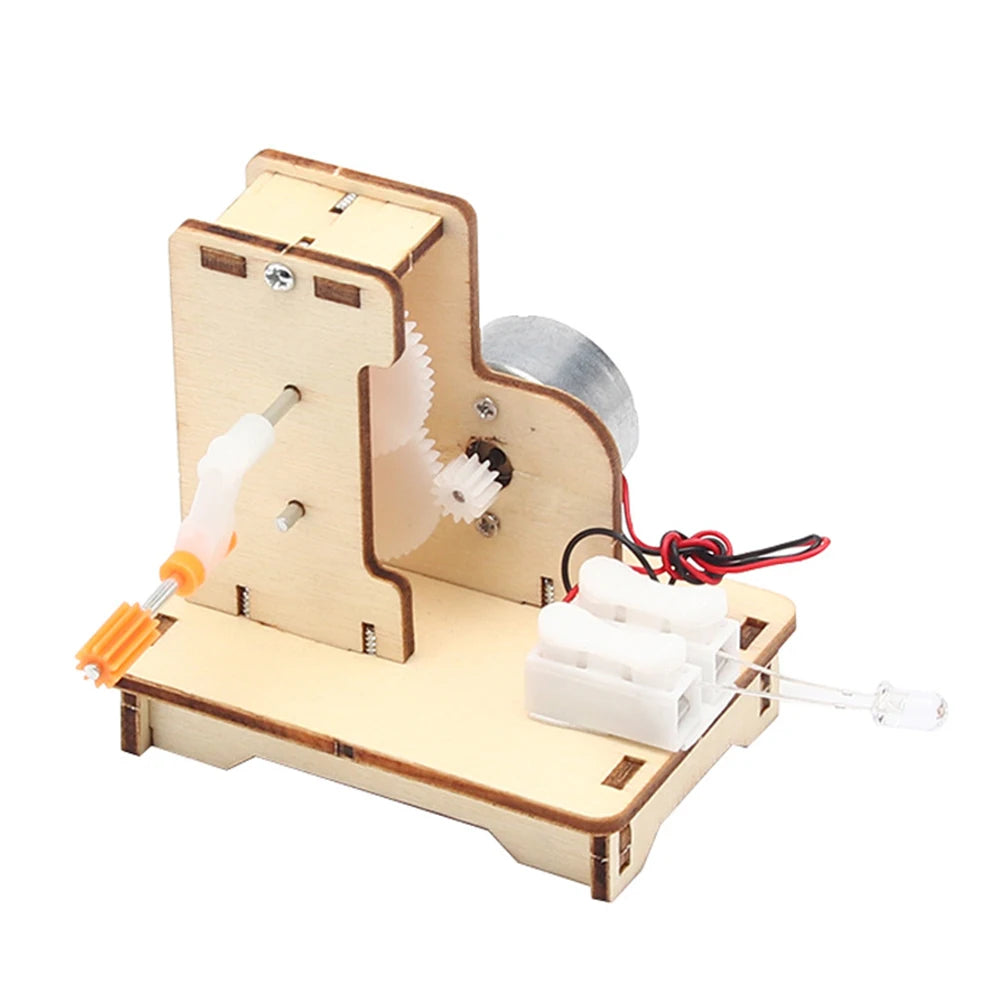 A wooden paddle boat kit with a wooden frame and a metal paddle, designed for a DIY science experiment.