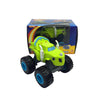 A bright lime green monster truck toy vehicle with large black tires and white accents, packaged in a blue box.