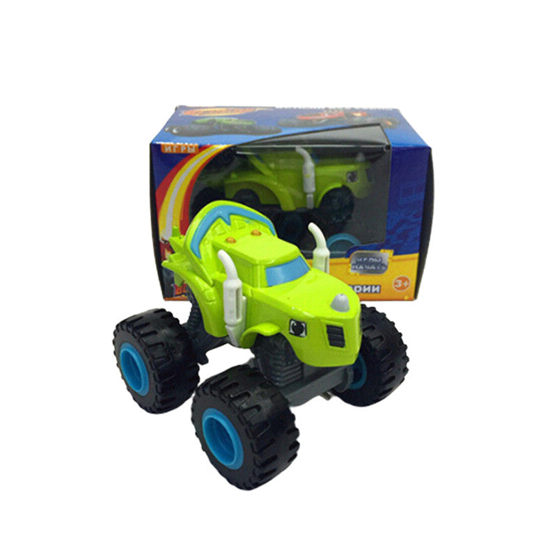 A bright lime green monster truck toy vehicle with large black tires and white accents, packaged in a blue box.