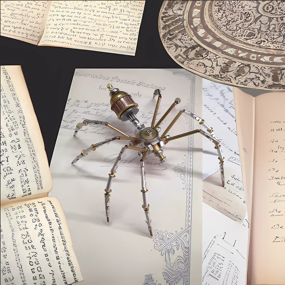 A steampunk metal spider puzzle assembly kit resting on old paper and a large circular engraving.