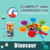 Children's color classification toys featuring a dinosaur shape and various colored bowls for sensory training.
