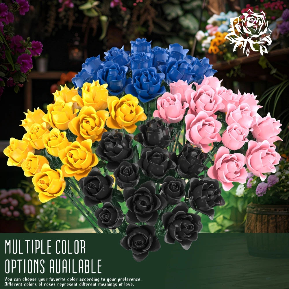 A bouquet of multiple colored roses featuring blue, yellow, pink, and black blooms.