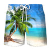 Men's beach swim shorts featuring a tropical coconut tree print on a bright blue background.