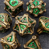 A collection of gold and green metal dice set for tabletop role-playing games