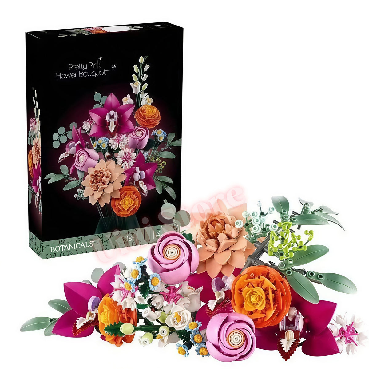 A box of Pretty Pink Flower Bouquet set featuring various pink, purple, and orange roses and foliage.