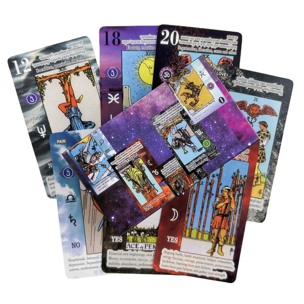 A collection of tarot cards showing various suits and numbers like the Ace of Pentacles, Ten of Swords, and various Major Arc