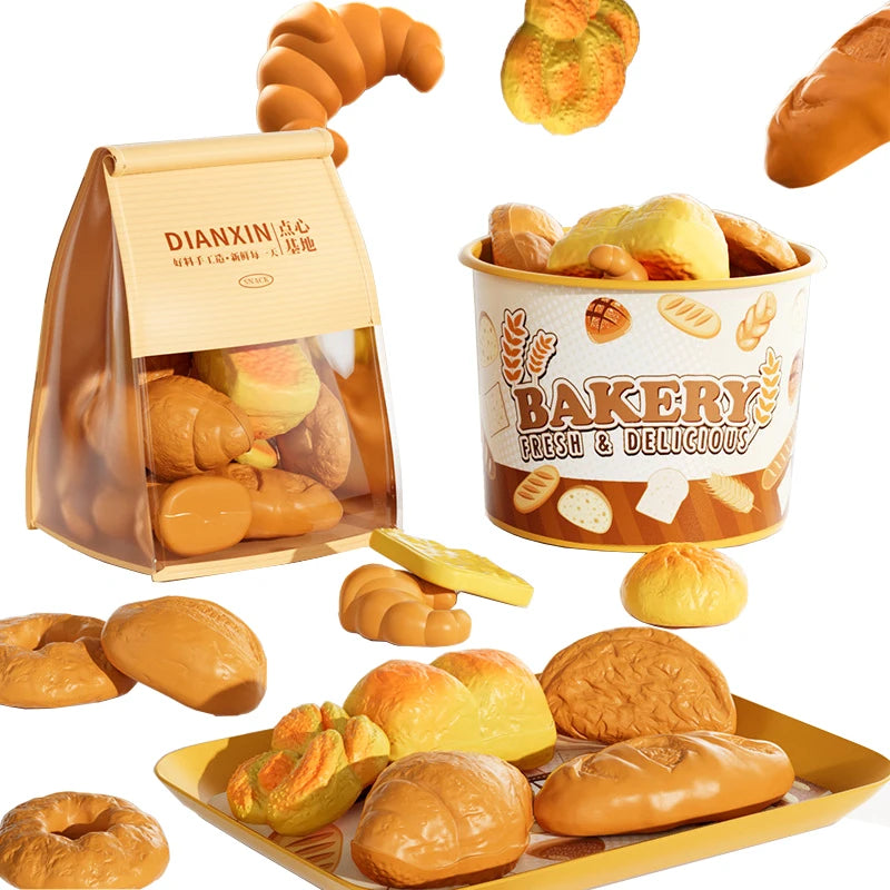 A set of realistic pretend play food items including bread rolls pastries and baked goods in various colors