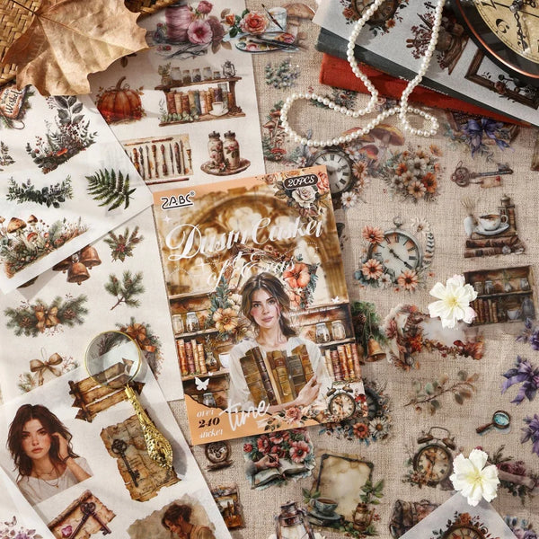 A page from a vintage lifestyle sticker book featuring retro scenes and elegant female designs.