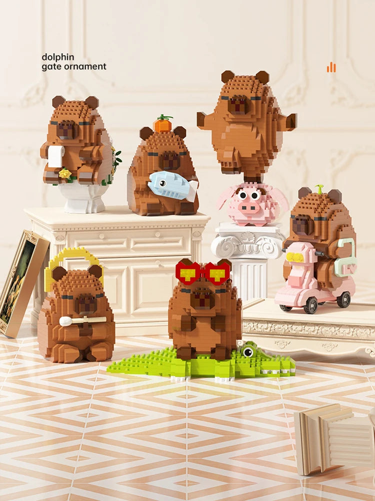 A collection of brown and pink animal figures made from micro building blocks, including a dolphin gate ornament and various 
