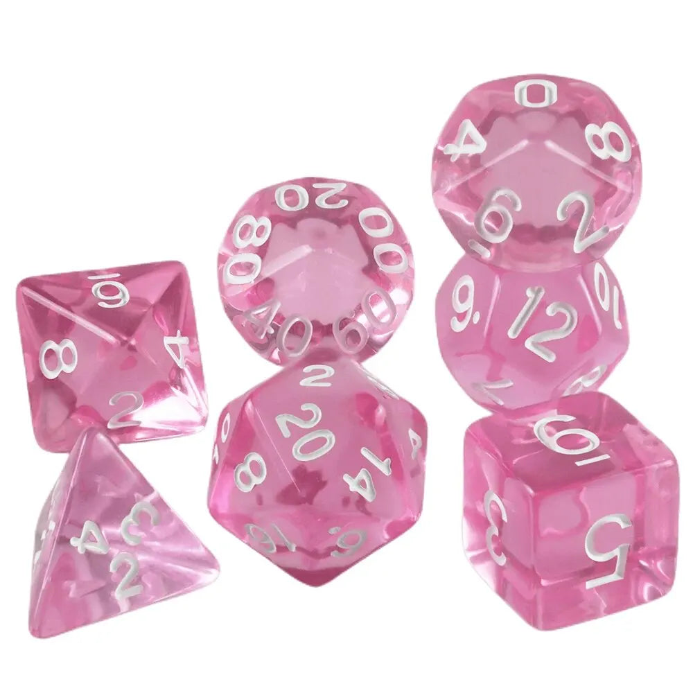 A set of transparent pink polyhedral dice including d10, d8, d6, d20, and d12.