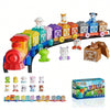 A colorful wooden farm number train toy featuring various animal figures and numbered blocks for toddlers.