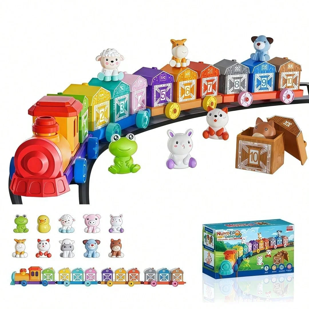 A colorful wooden farm number train toy featuring various animal figures and numbered blocks for toddlers.