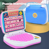 A blue and pink learning machine for early childhood education featuring puzzle and letter activities.