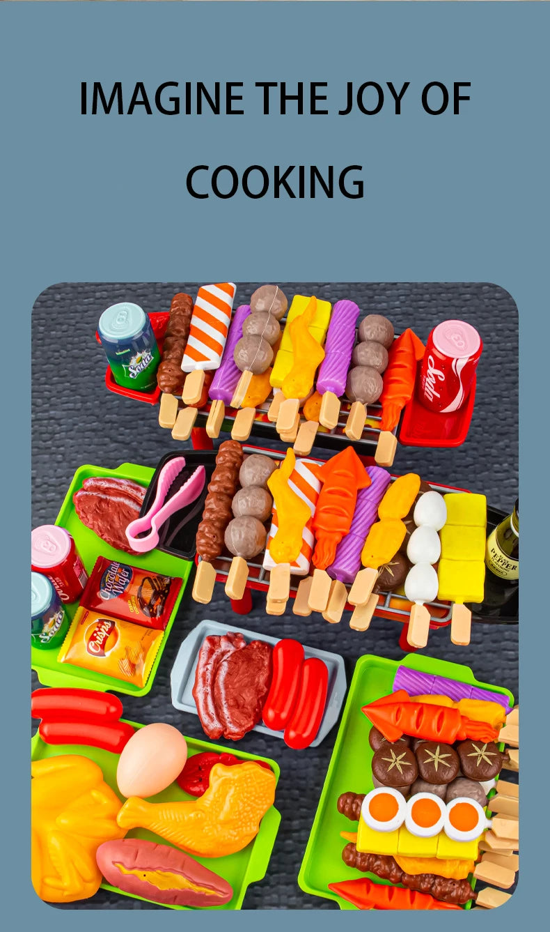 A colorful kids pretend play BBQ grill set featuring various toy foods like meat, vegetables, and bread.