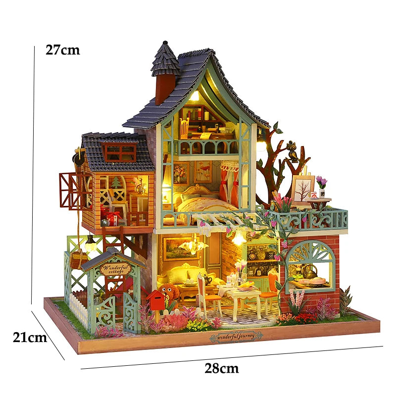 DIY Miniature Wooden Dollhouse Kit with LED Lights and Furniture