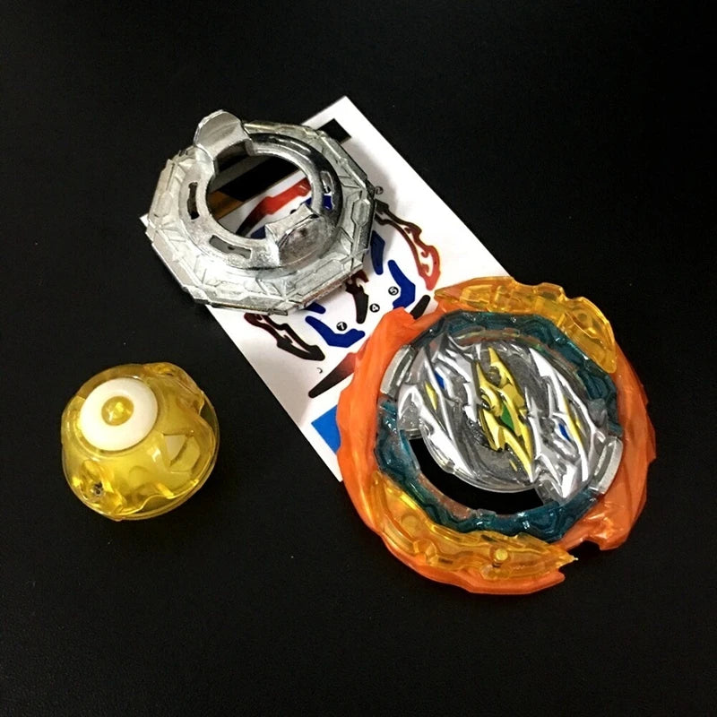 A silver magnetic spinning top is shown next to an orange and blue magnetic spinning top on a white card.