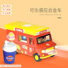 A yellow and red 1:36 scale food truck model car with lighting features and a blue drink cup.