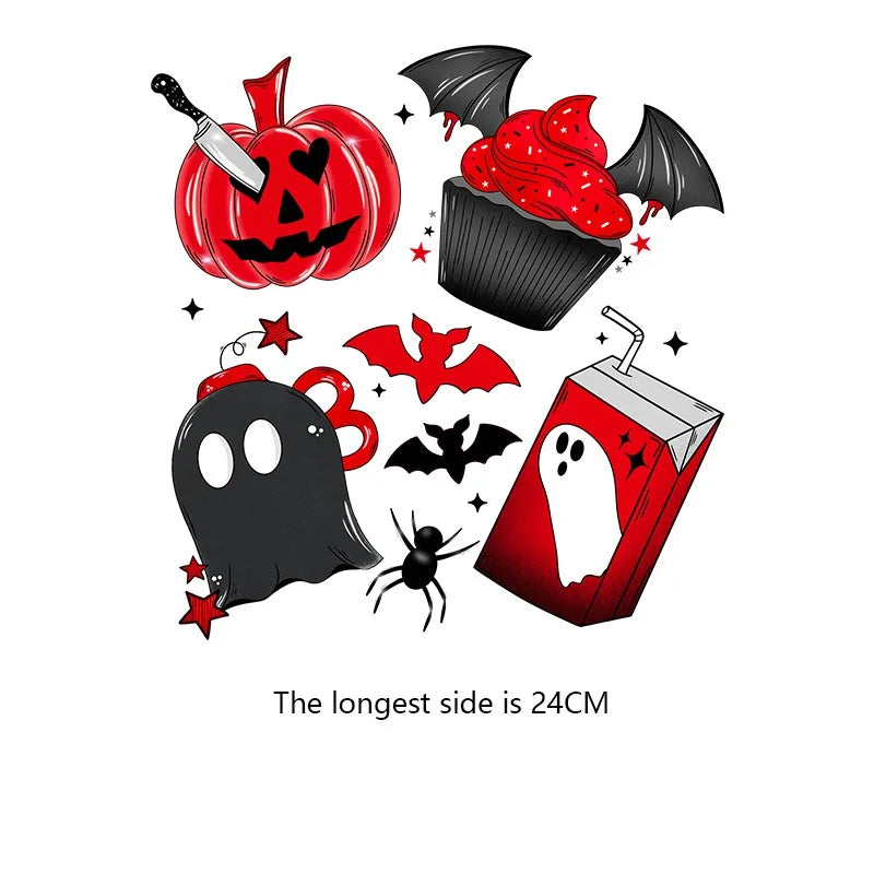 A collection of Halloween iron-on patches featuring a pumpkin, bat, and ghost design.