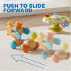 A cartoon baby rattle toy is shown with an arrow indicating a push to slide forward.