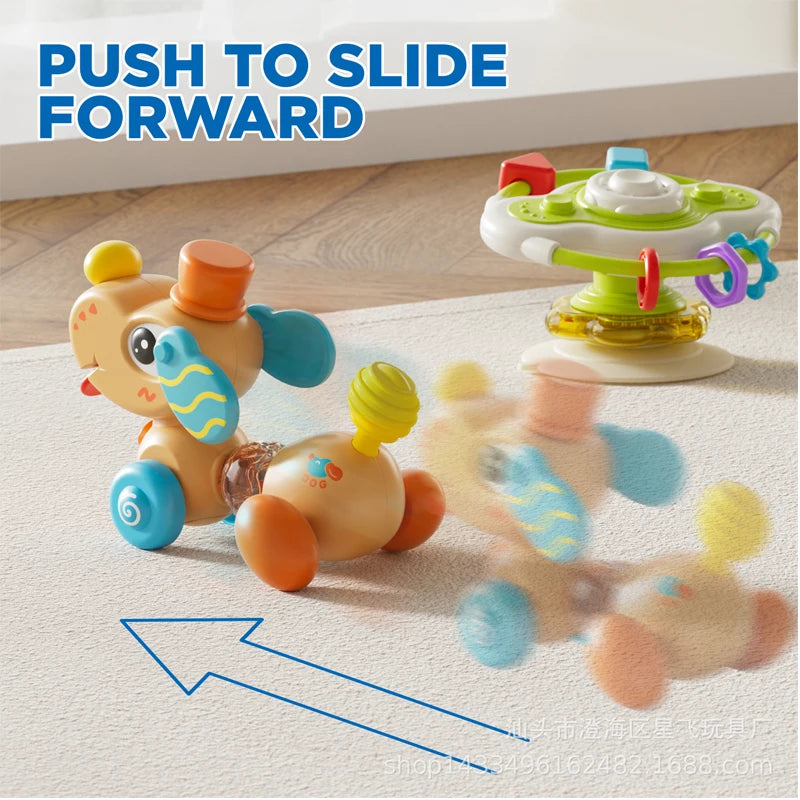 A cartoon baby rattle toy is shown with an arrow indicating a push to slide forward.