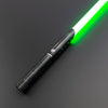 A premium metal lightsaber with a bright green blade is shown diagonally against a dark gray background.