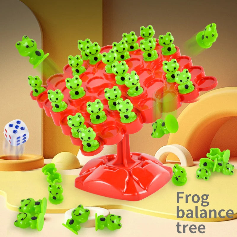 A red frog balance tree math game with green frogs and dice on a yellow surface.
