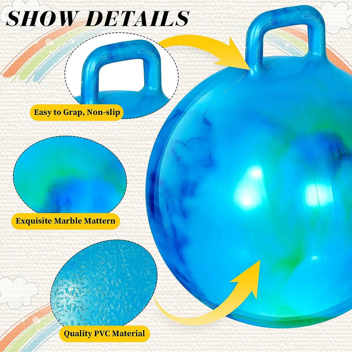 Blue inflatable hopper ball with a handle, featuring an exquisite marble pattern and quality PVC material.