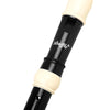 A close-up view of a black and cream Baroque Clarinet Recorder mouthpiece and body.