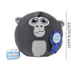 A dark gray gorilla plush toy with large eyes and a blue ribbon attached.