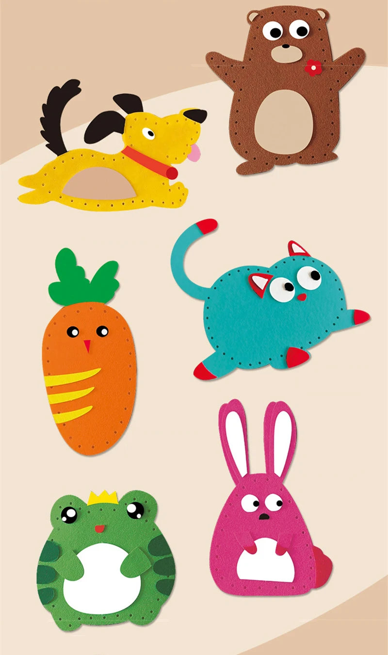 A collection of felt animals including a bear, a dog, a carrot, a cat, and a rabbit.