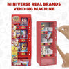A red mini vending machine toy with various snack and candy items inside, shown next to a hand.