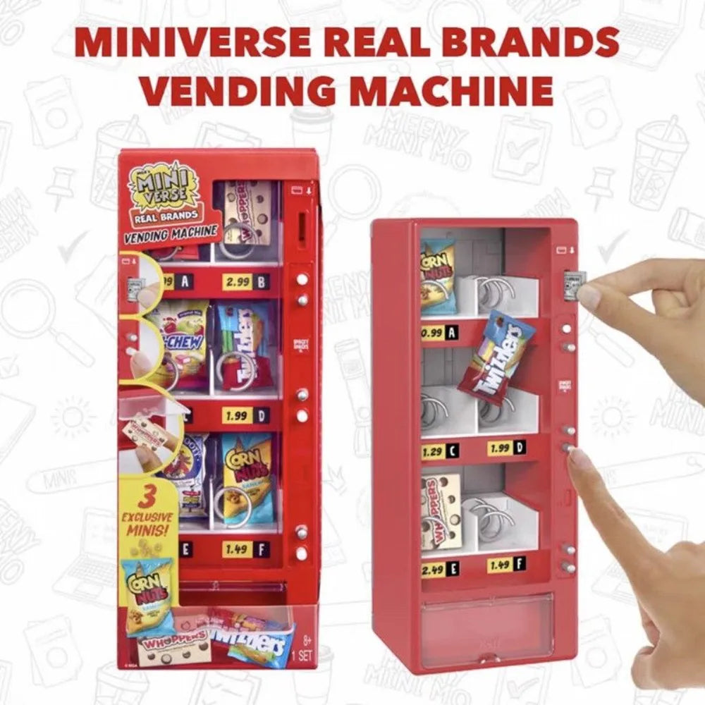 A red mini vending machine toy with various snack and candy items inside, shown next to a hand.