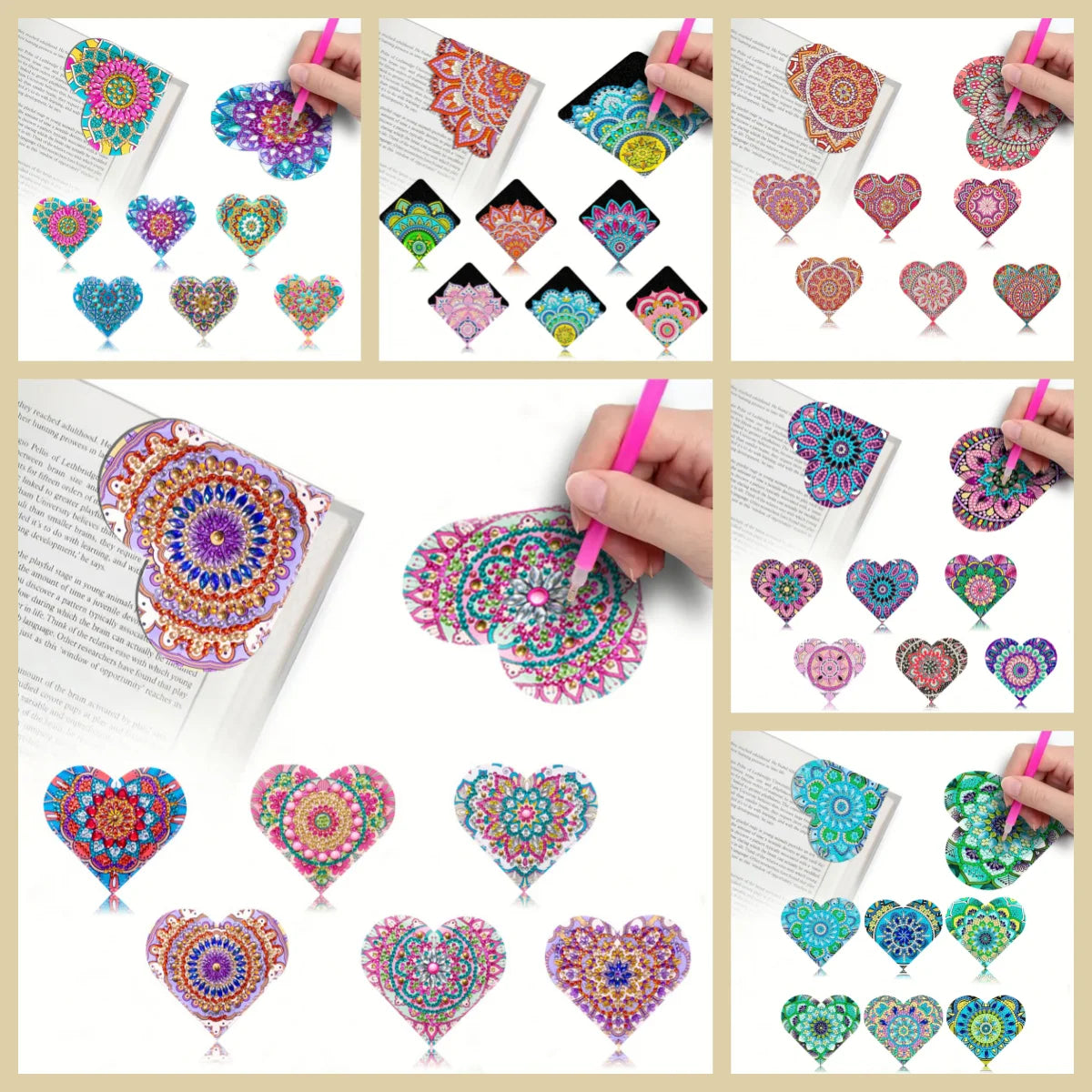 A set of six DIY mandala flower diamond art bookmarks featuring various colors and patterns.