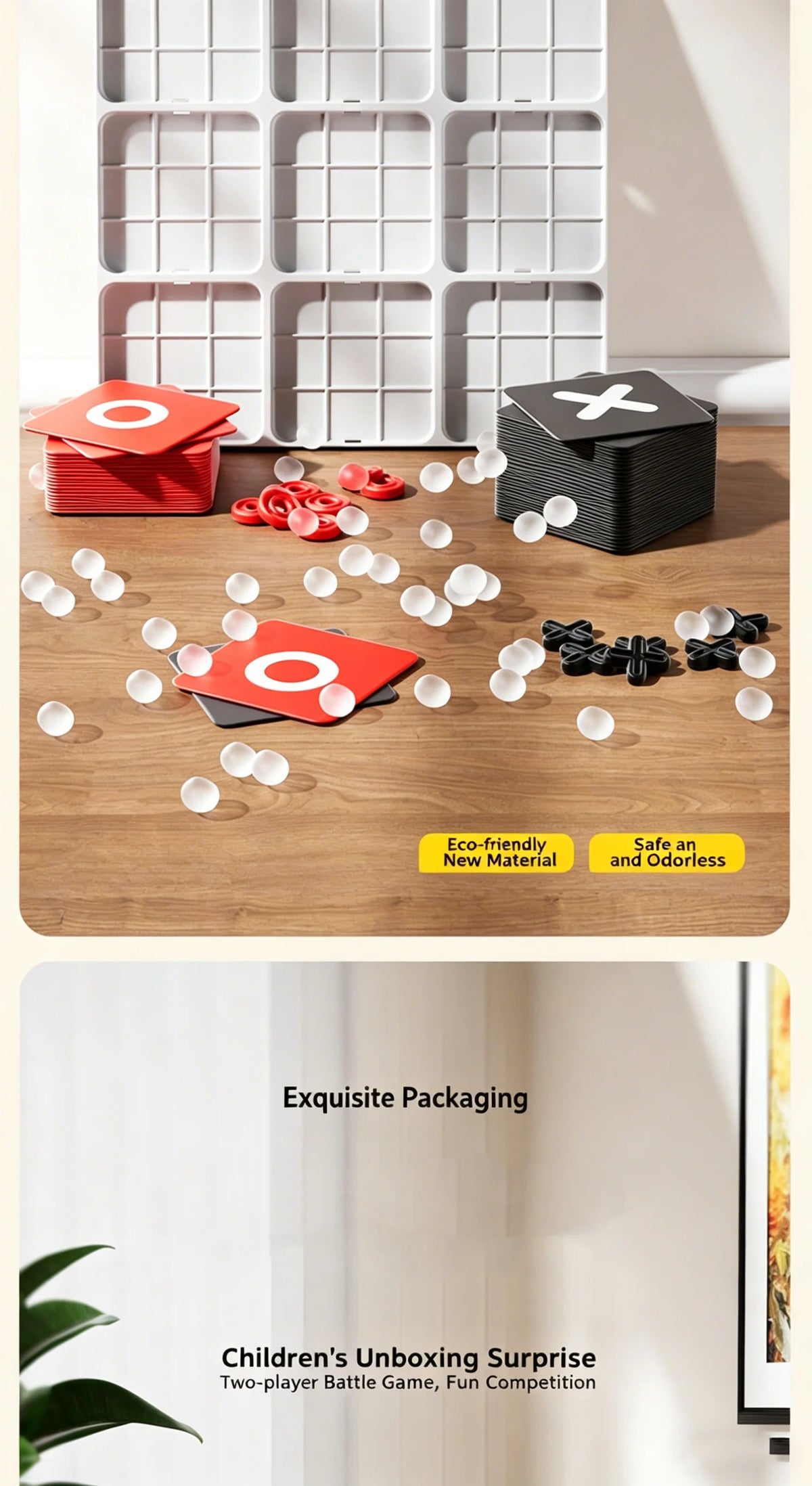 A set of red and black Tic Tac Toe game pieces and a white storage grid for a family strategy game.