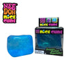 A blue glitter ice cube sensory fidget toy in a box and loose form.