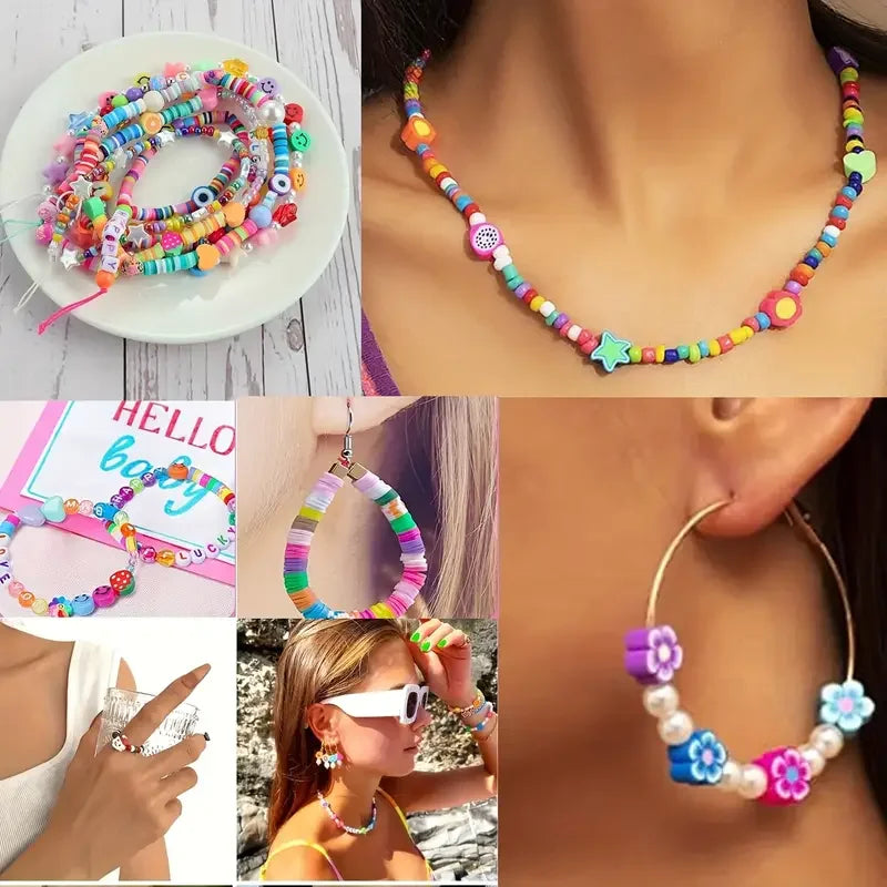 A collection of colorful beads and charms used for jewelry making, displayed on a white plate and worn as a necklace.