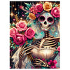 A detailed diamond painting kit featuring a skull adorned with vibrant roses and floral elements against a dark, starry backg