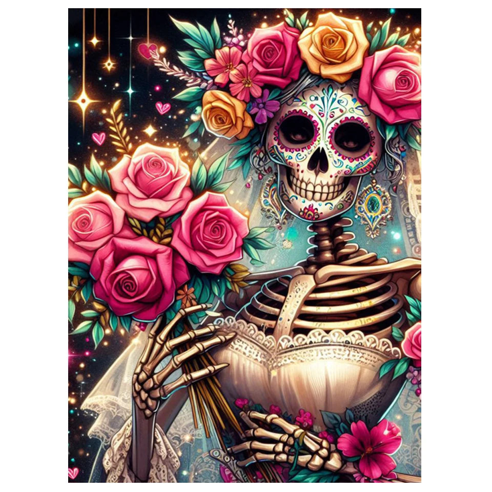 A detailed diamond painting kit featuring a skull adorned with vibrant roses and floral elements against a dark, starry backg