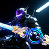 A futuristic armored figure wielding a glowing light saber with blue energy effects.