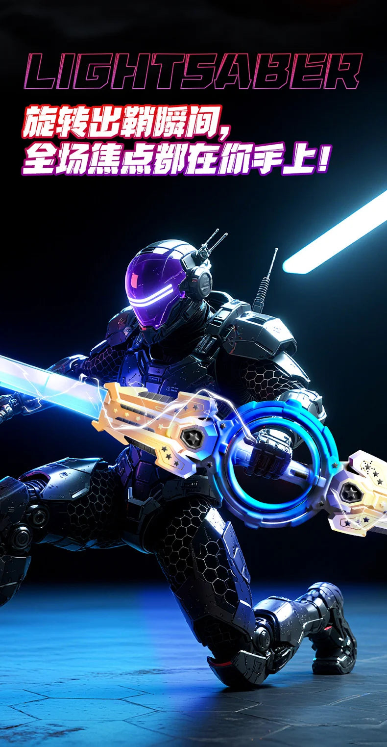 A futuristic armored figure wielding a glowing light saber with blue energy effects.