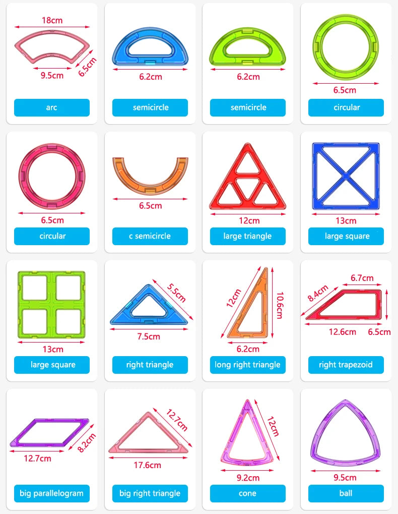 A set of magnetic building tiles featuring various geometric shapes including arc, semicircle, circle, triangle, square, and 
