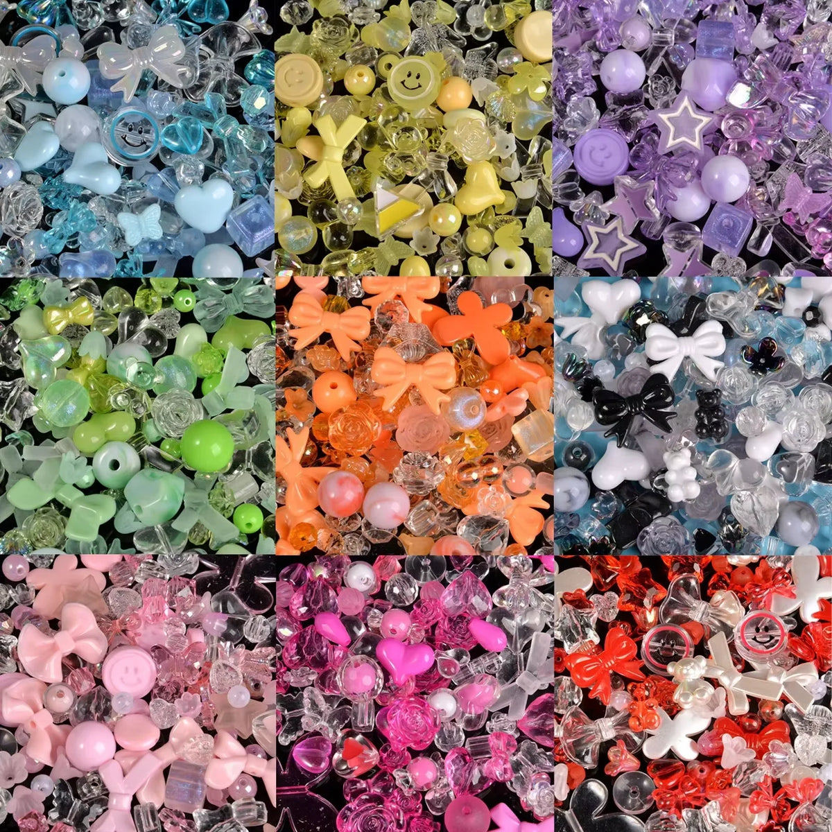 A collection of colorful acrylic beads and charms in various shades including green, yellow, orange, pink, purple, and clear.