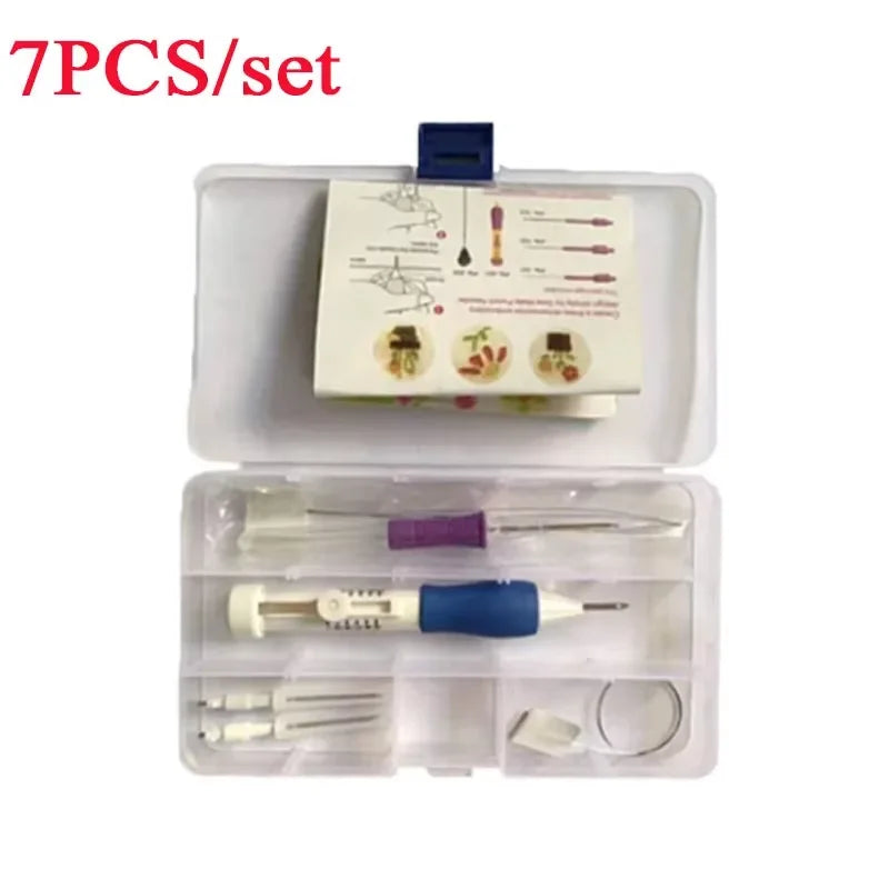 A set of seven punch needle embroidery tools and components including a kit guide and various needles.