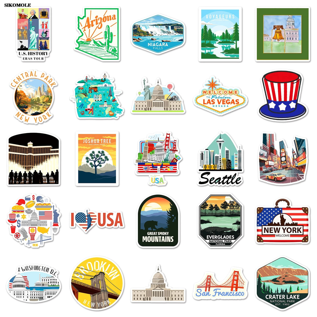 A collection of USA map cartoon stickers featuring various landmarks and states for crafts