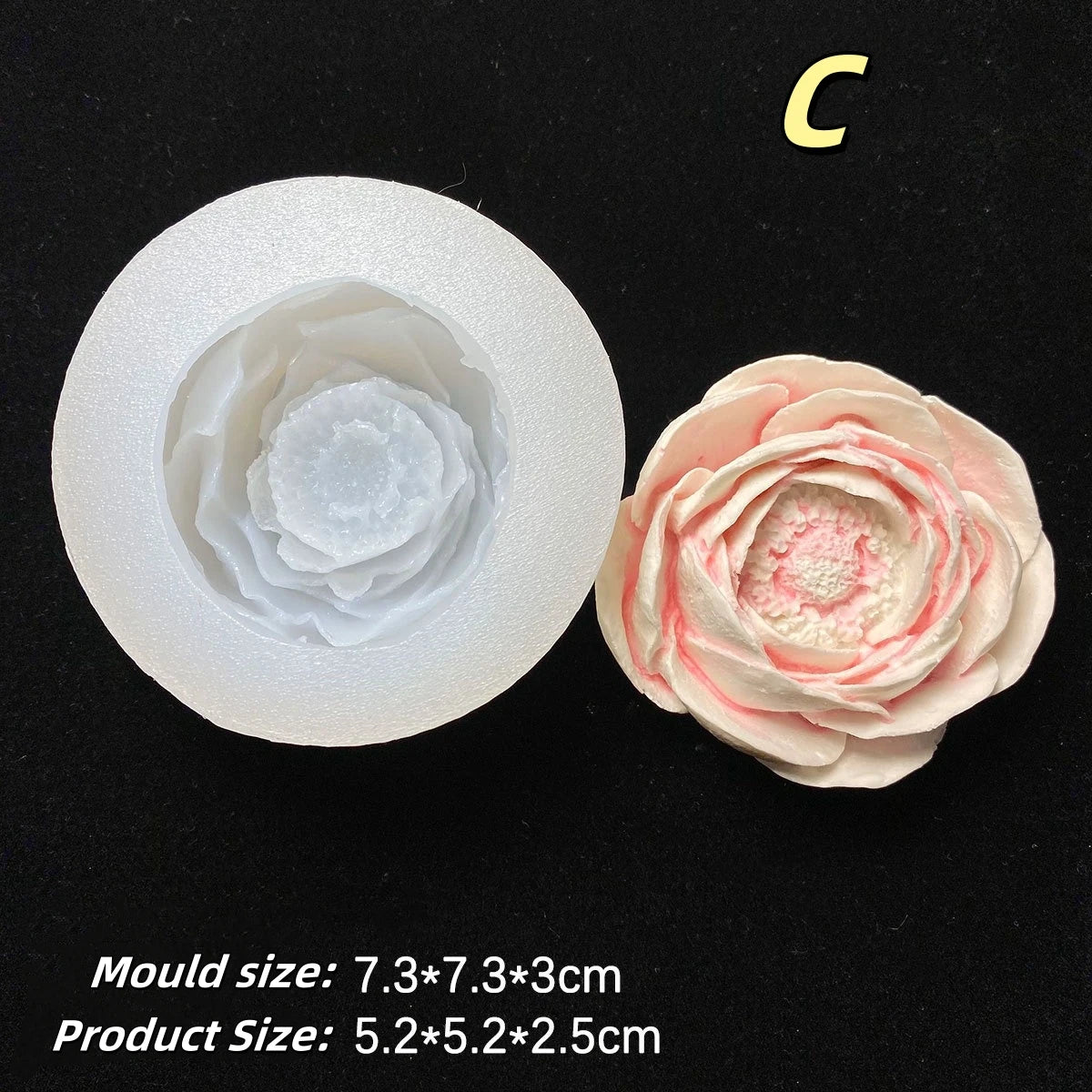 A white floral silicone mold with a pink flower bloom is shown next to the mold size specifications.